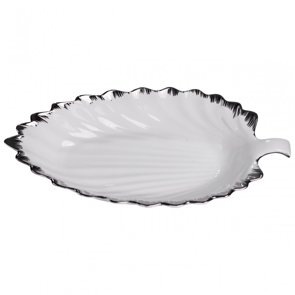 Порцелянова страва для сервірування стола у формі листя 37×18×5 (см) блюдо для подавання закусок Білий зі сріблом 2552-1S