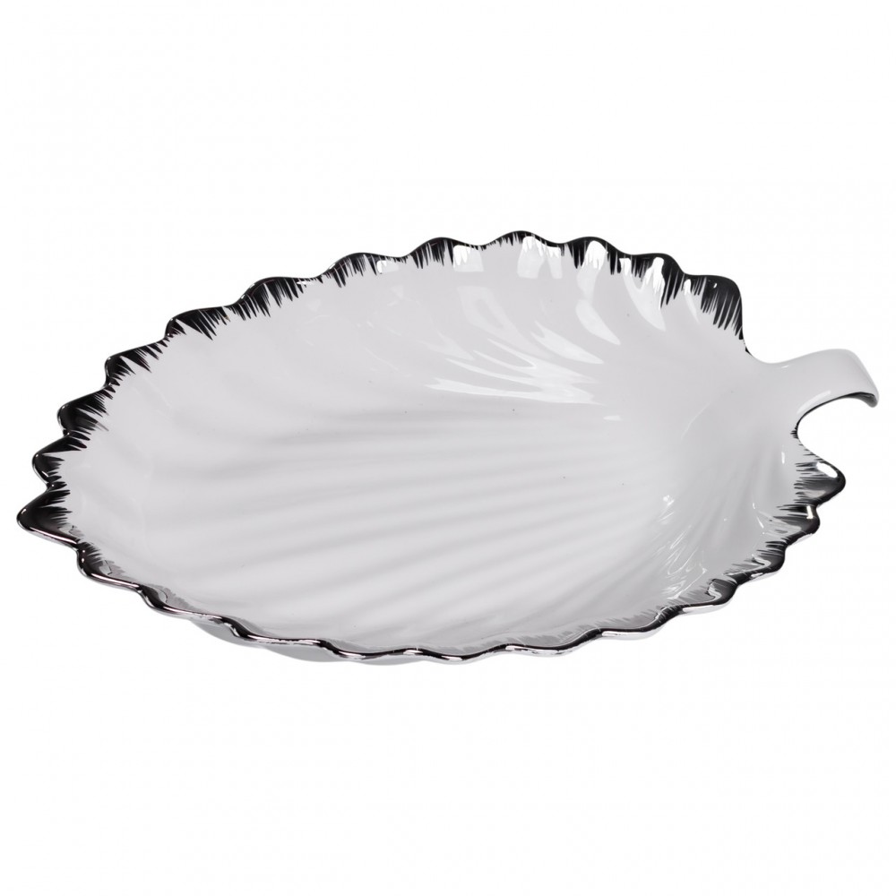 Порцелянова страва для сервірування стола у формі листя 37×18×5 (см) блюдо для подавання закусок Білий зі сріблом 2552-1S
