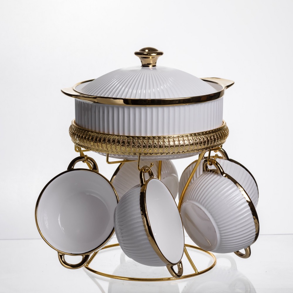 Суповой сервиз на 5 персон супница 1.8 (л) на подставке с бульонницами 300 (мл) тарелки для супа Белый с золотом ML151