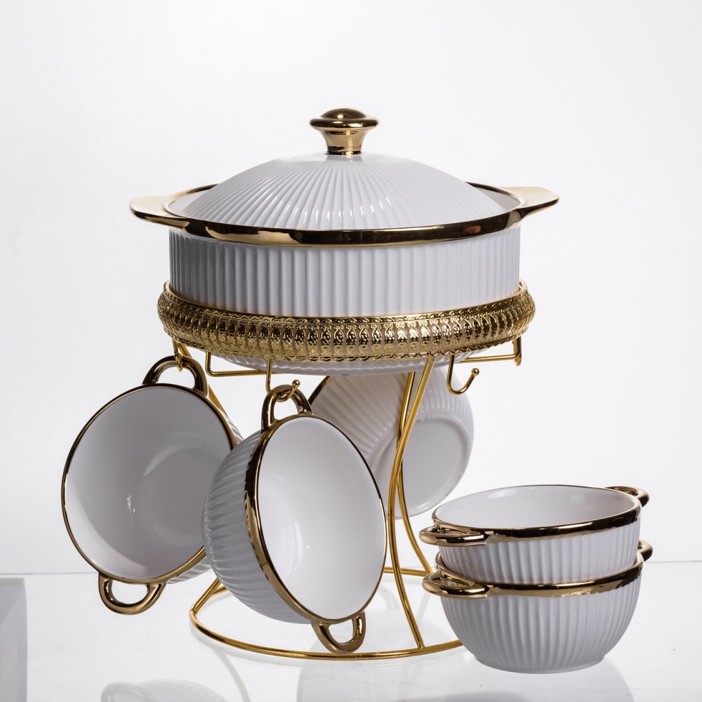 Суповой сервиз на 5 персон супница 1.8 (л) на подставке с бульонницами 300 (мл) тарелки для супа Белый с золотом ML151