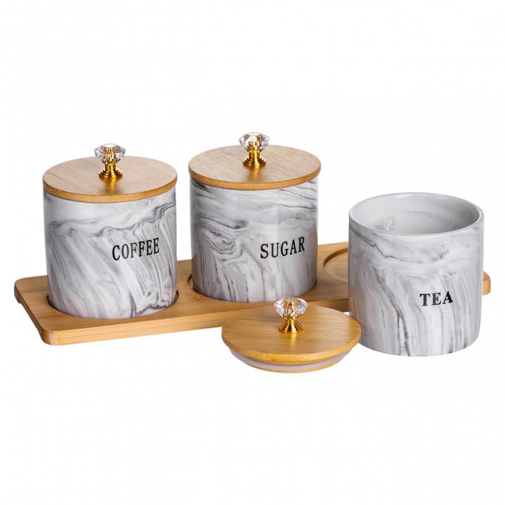 Набор фарфоровых банок для сыпучих на подставке 3 шт по 250 (мл) для чая кофе сахара Серый SCT-664