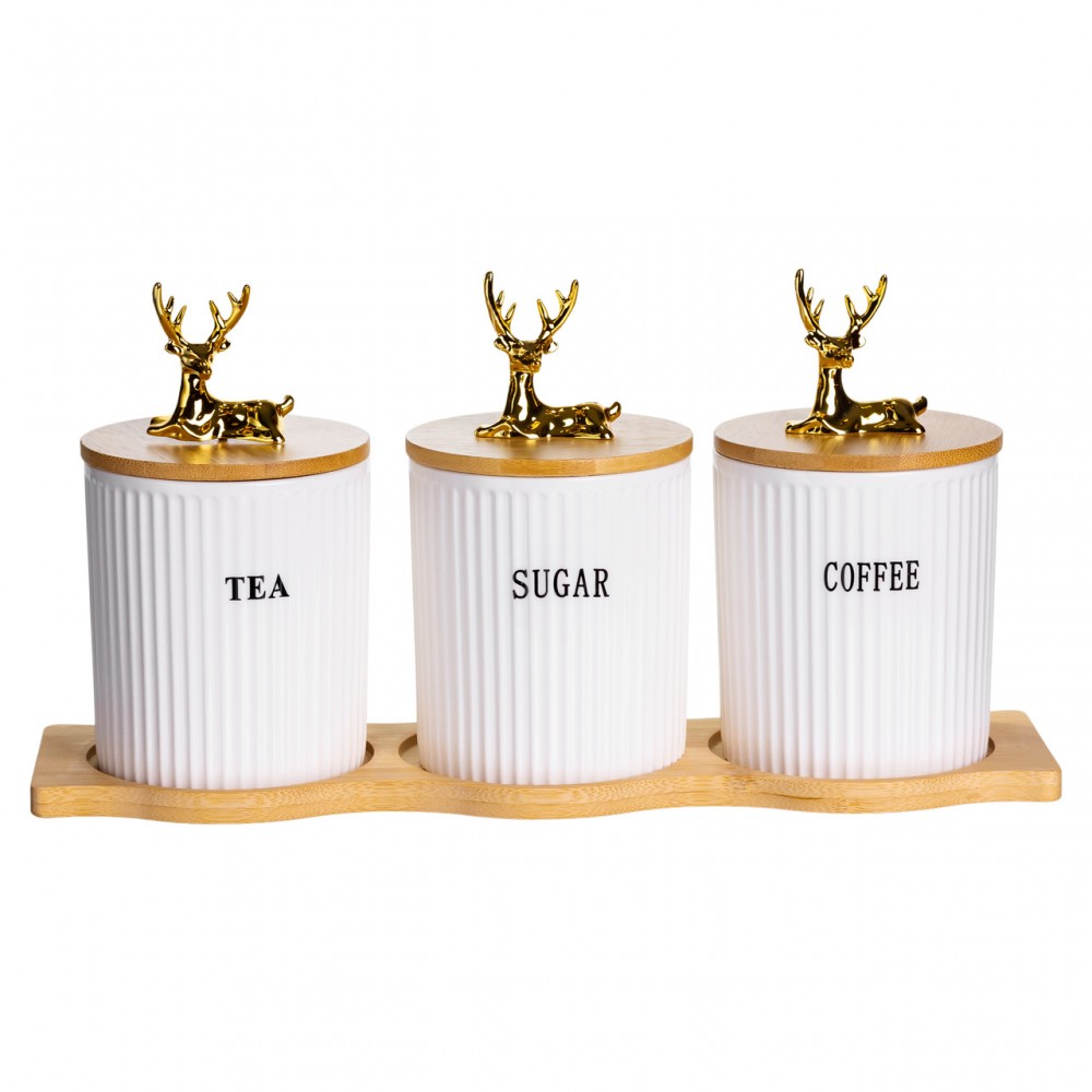Набор фарфоровых банок для сыпучих на подставке 3 шт по 400 мл для чая кофе сахара SCT-652