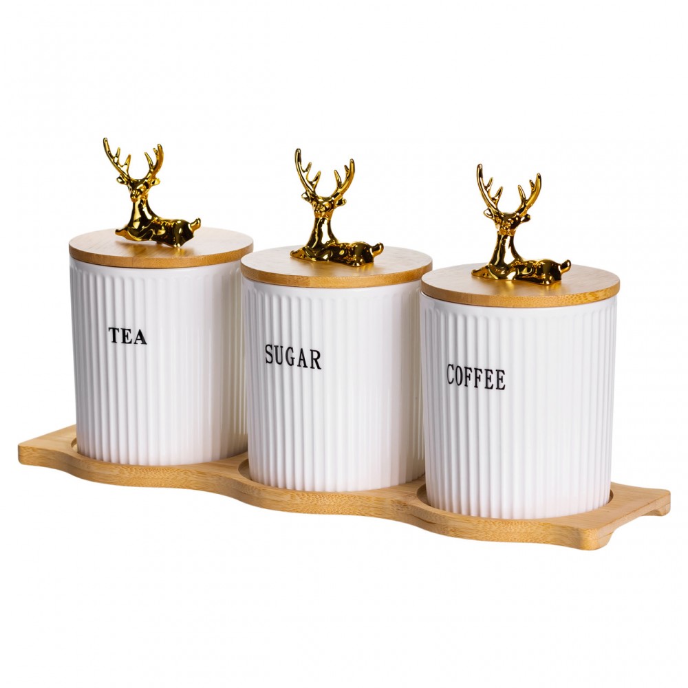 Набор фарфоровых банок для сыпучих на подставке 3 шт по 400 мл для чая кофе сахара SCT-652