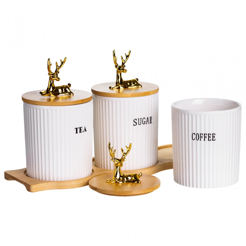 Набор фарфоровых банок для сыпучих на подставке 3 шт по 400 мл для чая кофе сахара SCT-652