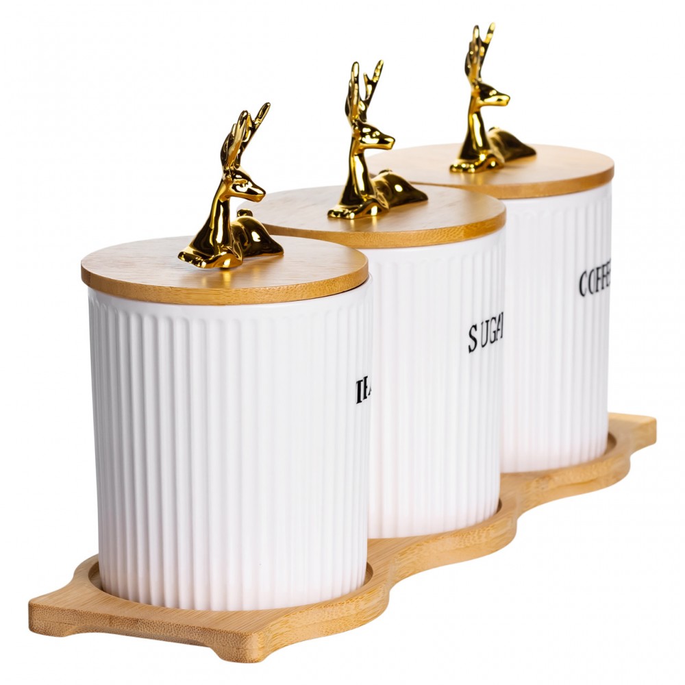Набор фарфоровых банок для сыпучих на подставке 3 шт по 400 мл для чая кофе сахара SCT-652