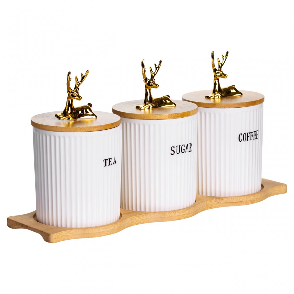 Набор фарфоровых банок для сыпучих на подставке 3 шт по 400 мл для чая кофе сахара SCT-652