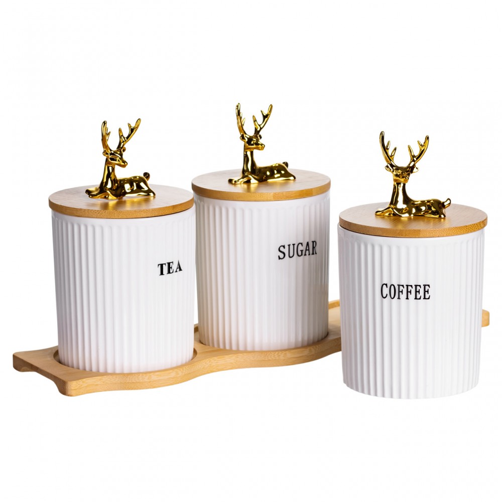 Набор фарфоровых банок для сыпучих на подставке 3 шт по 400 мл для чая кофе сахара SCT-652