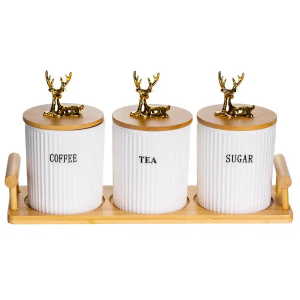 Набір порцелянових банок для сипучих продуктів на підставці з ручками 3 шт по 400 мл SCT-650