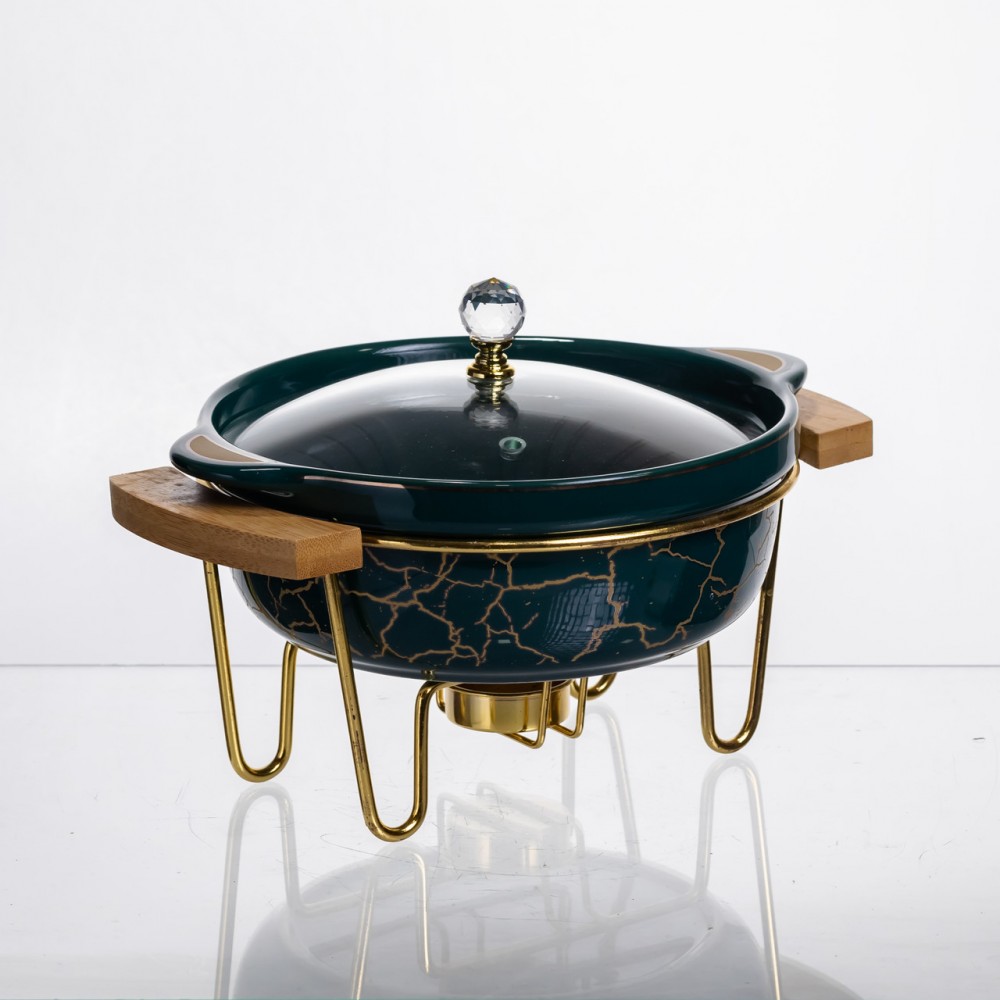 Мармит фарфоровый настольный круглый 800 (мл) с подогревом Зеленый мрамор LC-713