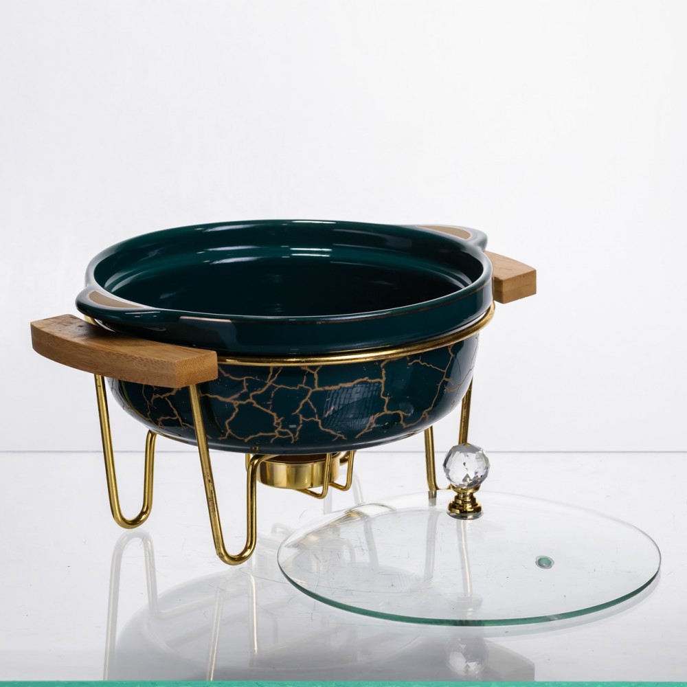 Мармит фарфоровый настольный круглый 800 (мл) с подогревом Зеленый мрамор LC-713