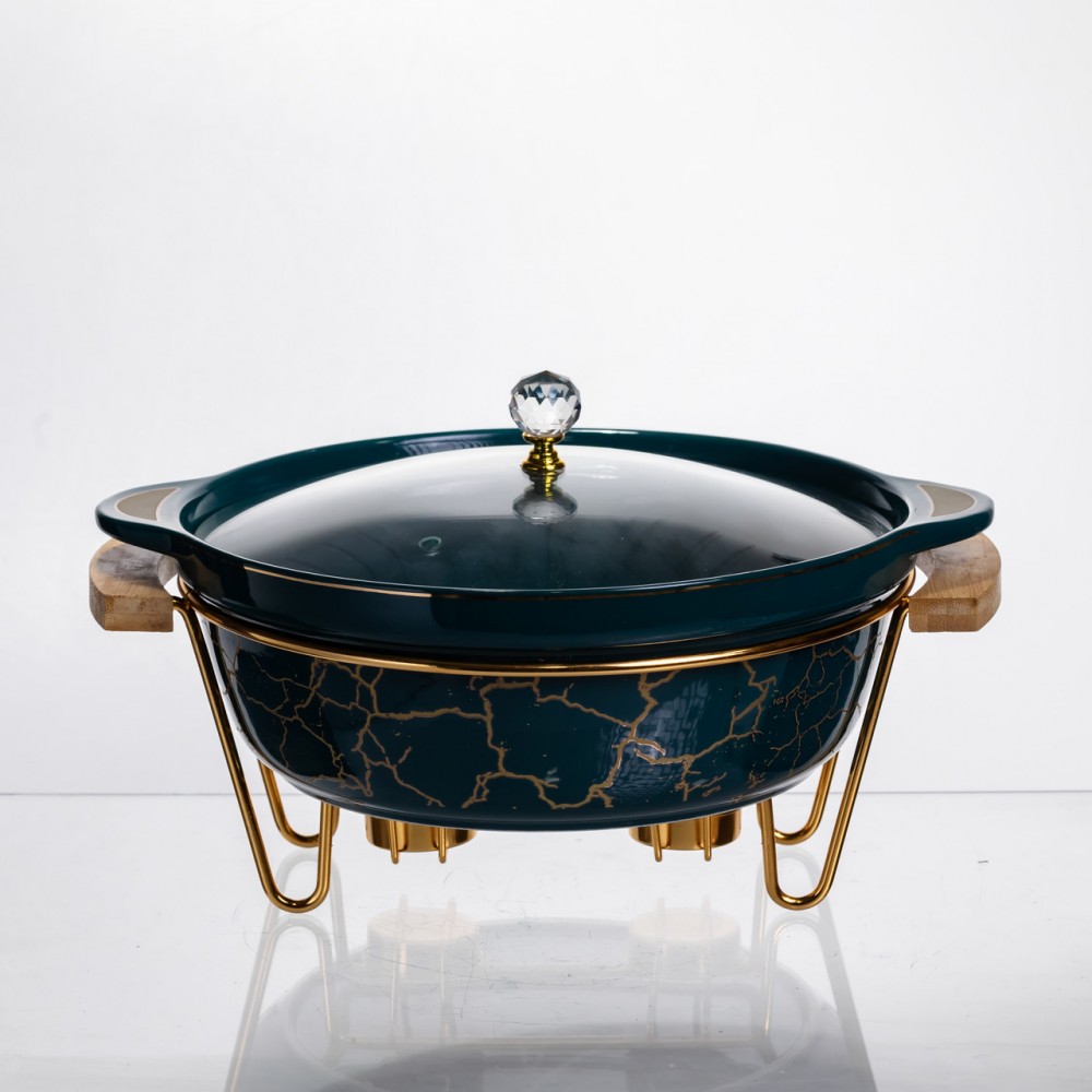 Мармит фарфоровый настольный круглый 2 (л) мармитница с подогревом Зеленый мрамор LC-715