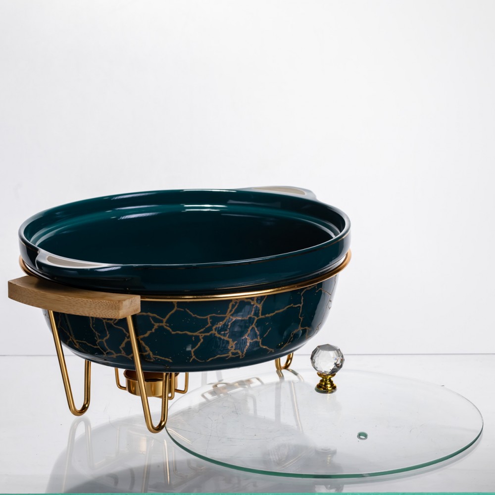 Мармит фарфоровый настольный круглый 2 (л) мармитница с подогревом Зеленый мрамор LC-715