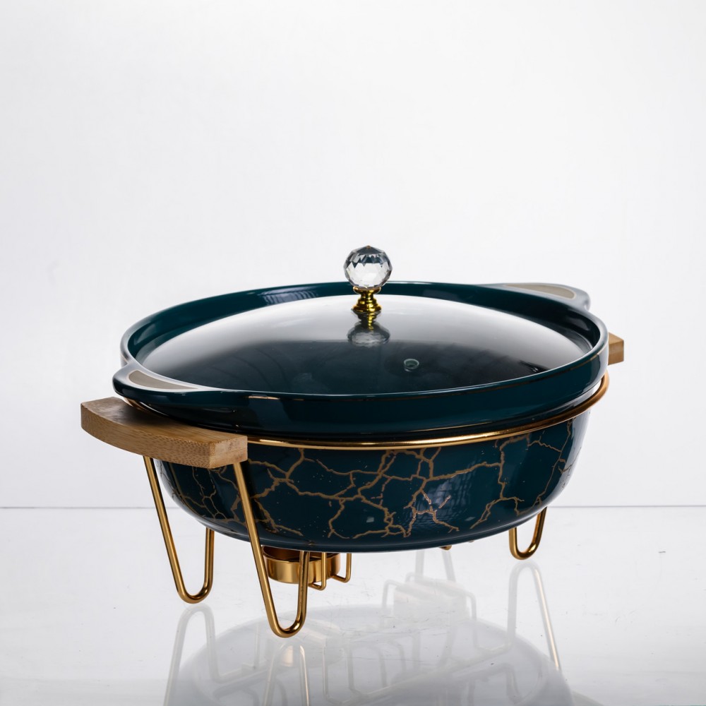 Мармит фарфоровый настольный круглый 2 (л) мармитница с подогревом Зеленый мрамор LC-715