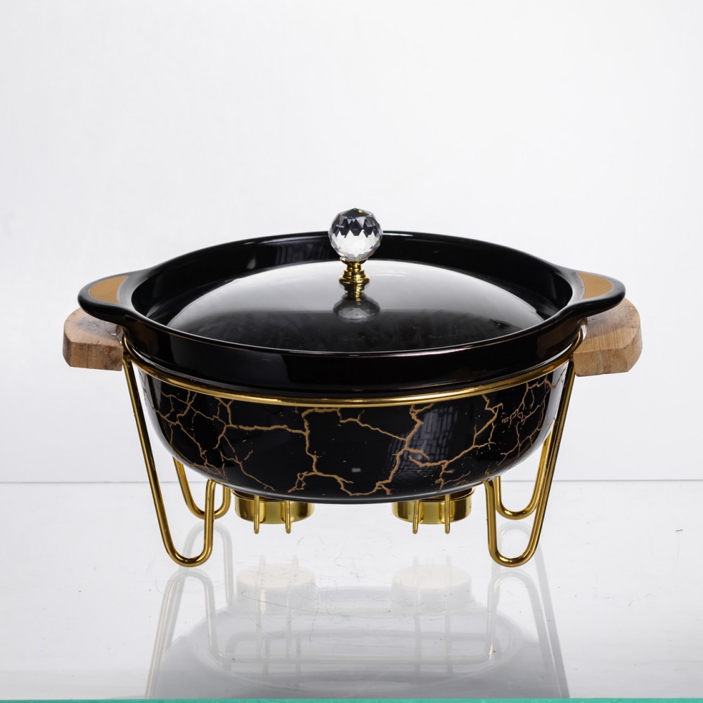 Мармит фарфоровый настольный круглый 1.3 (л) мармитница с подогревом Черный мрамор LC-717