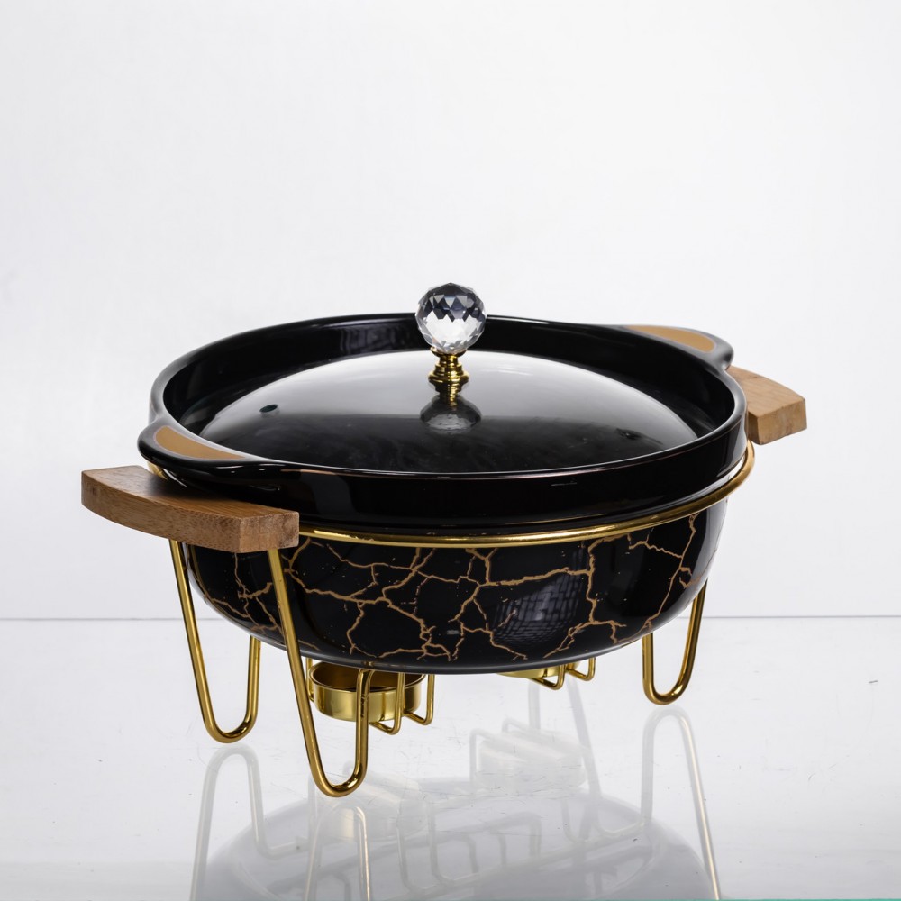 Мармит фарфоровый настольный круглый 1.3 (л) мармитница с подогревом Черный мрамор LC-717