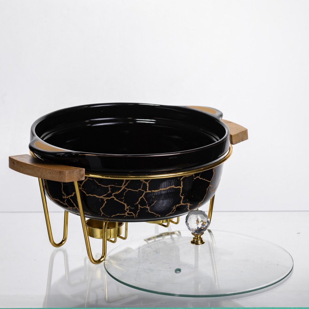 Мармит фарфоровый настольный круглый 1.3 (л) мармитница с подогревом Черный мрамор LC-717