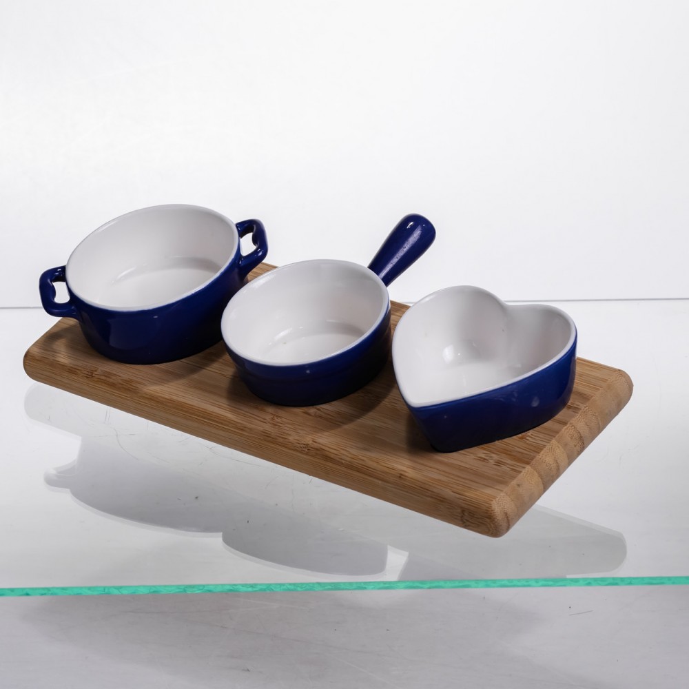 Набор менажниц фарфоровых для закусок 3 (шт) по 50 (мл) менажницы на бамбуковой подставке Синий HZ001-B