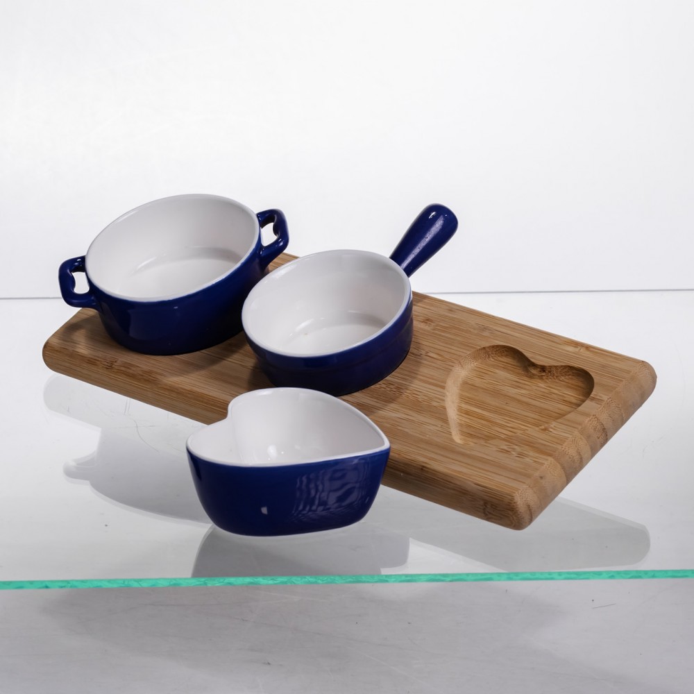 Набор менажниц фарфоровых для закусок 3 (шт) по 50 (мл) менажницы на бамбуковой подставке Синий HZ001-B