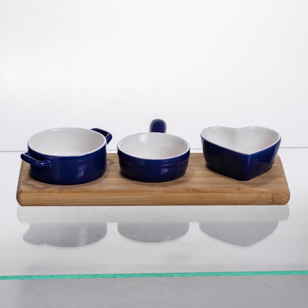 Набор менажниц фарфоровых для закусок 3 (шт) по 50 (мл) менажницы на бамбуковой подставке Синий HZ001-B