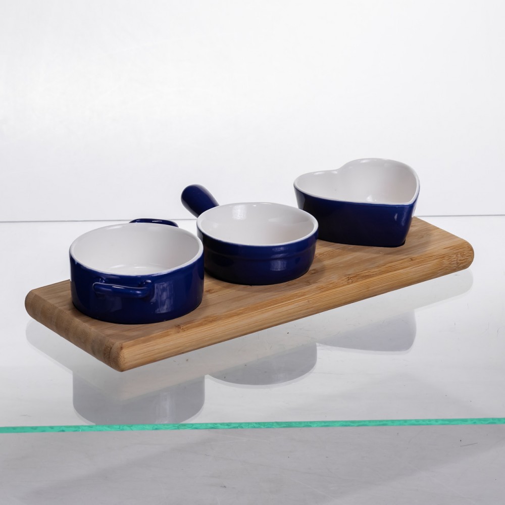 Набор менажниц фарфоровых для закусок 3 (шт) по 50 (мл) менажницы на бамбуковой подставке Синий HZ001-B