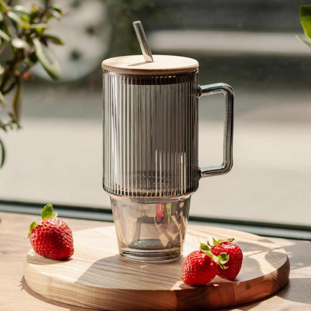 Кружка стеклянная с крышкой и трубочкой 750 (мл) Серый HP-19-50