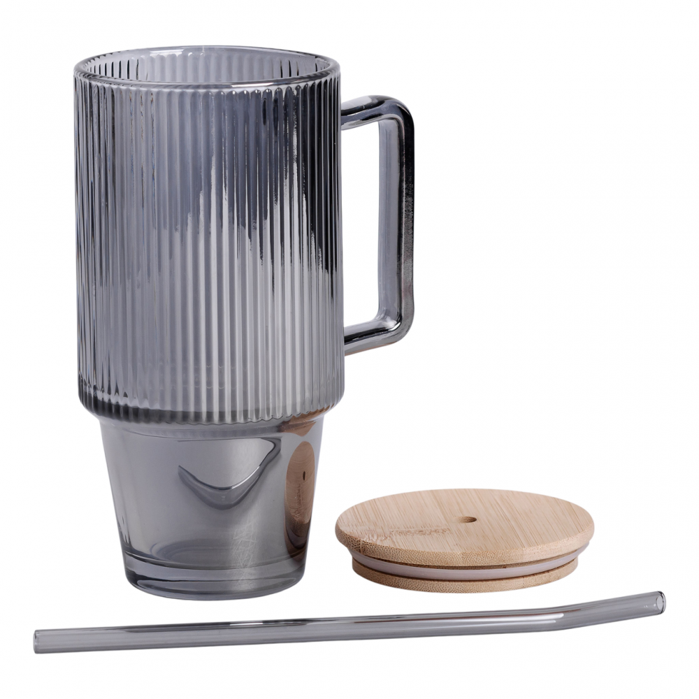 Кружка стеклянная с крышкой и трубочкой 750 (мл) Серый HP-19-50