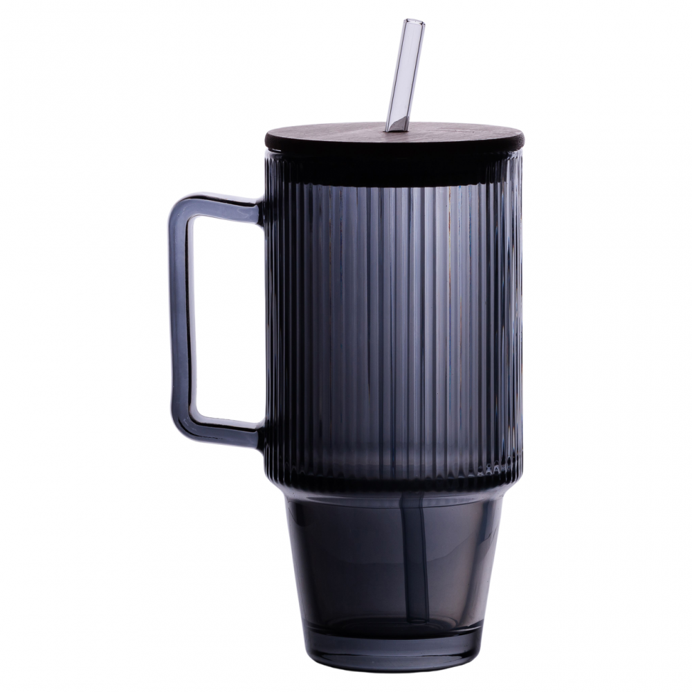 Кружка стеклянная с крышкой и трубочкой 750 (мл) Серый HP-19-50