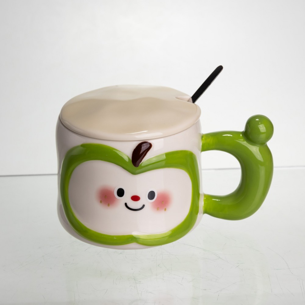 Чашка фарфоровая 400 (мл) с крышкой и ложкой, оригинальная кружка на подарок чашка для детей Зеленый FM-25A