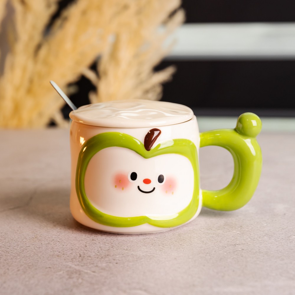 Чашка фарфоровая 400 (мл) с крышкой и ложкой, оригинальная кружка на подарок чашка для детей Зеленый FM-25A
