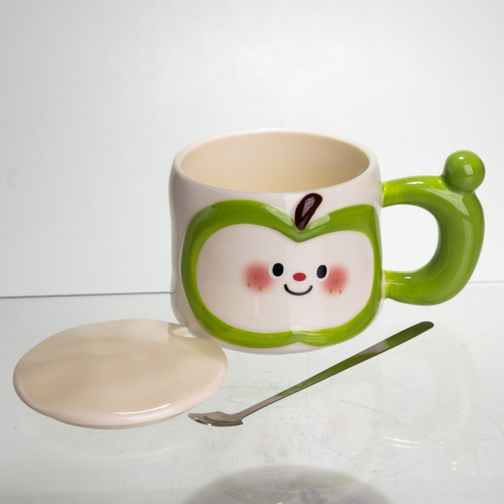 Чашка фарфоровая 400 (мл) с крышкой и ложкой, оригинальная кружка на подарок чашка для детей Зеленый FM-25A