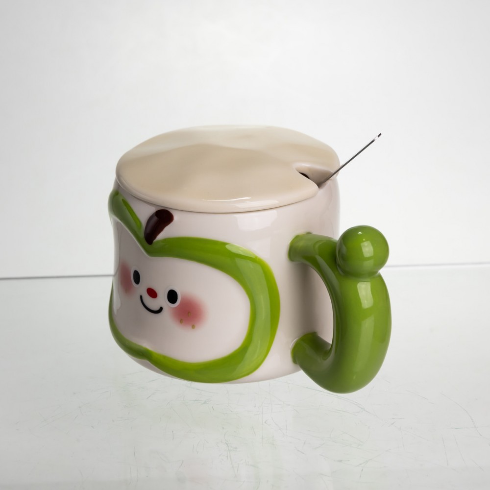Чашка фарфоровая 400 (мл) с крышкой и ложкой, оригинальная кружка на подарок чашка для детей Зеленый FM-25A