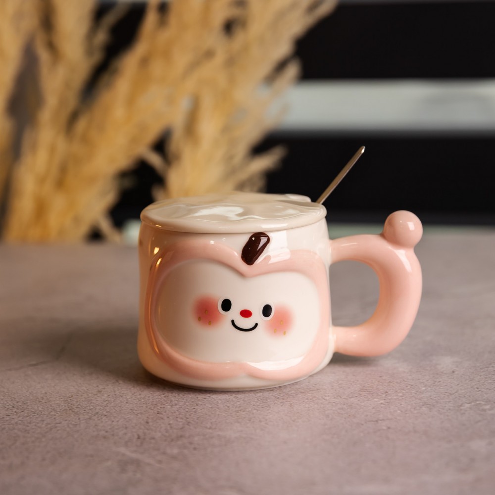 Чашка фарфоровая 400 (мл) с крышкой и ложкой, оригинальная кружка на подарок чашка для детей Розовый FM-25C