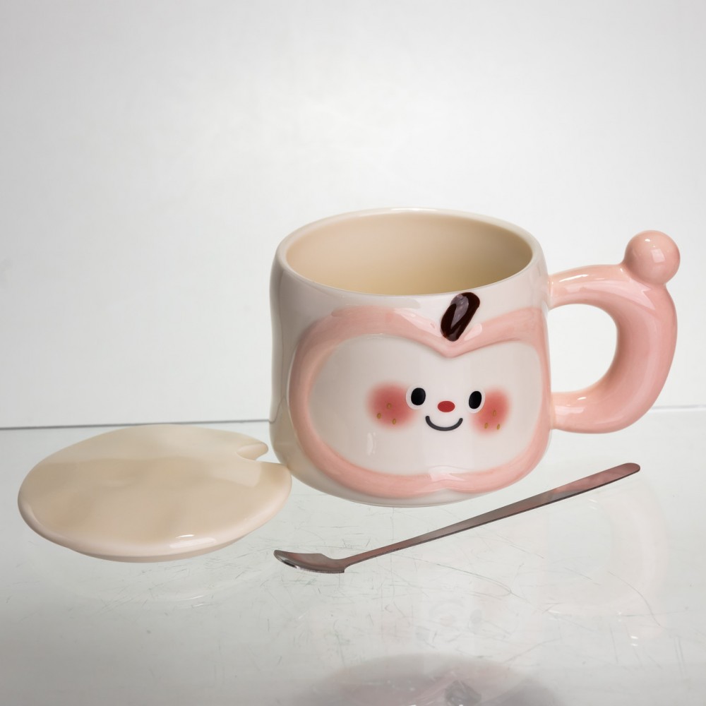 Чашка фарфоровая 400 (мл) с крышкой и ложкой, оригинальная кружка на подарок чашка для детей Розовый FM-25C
