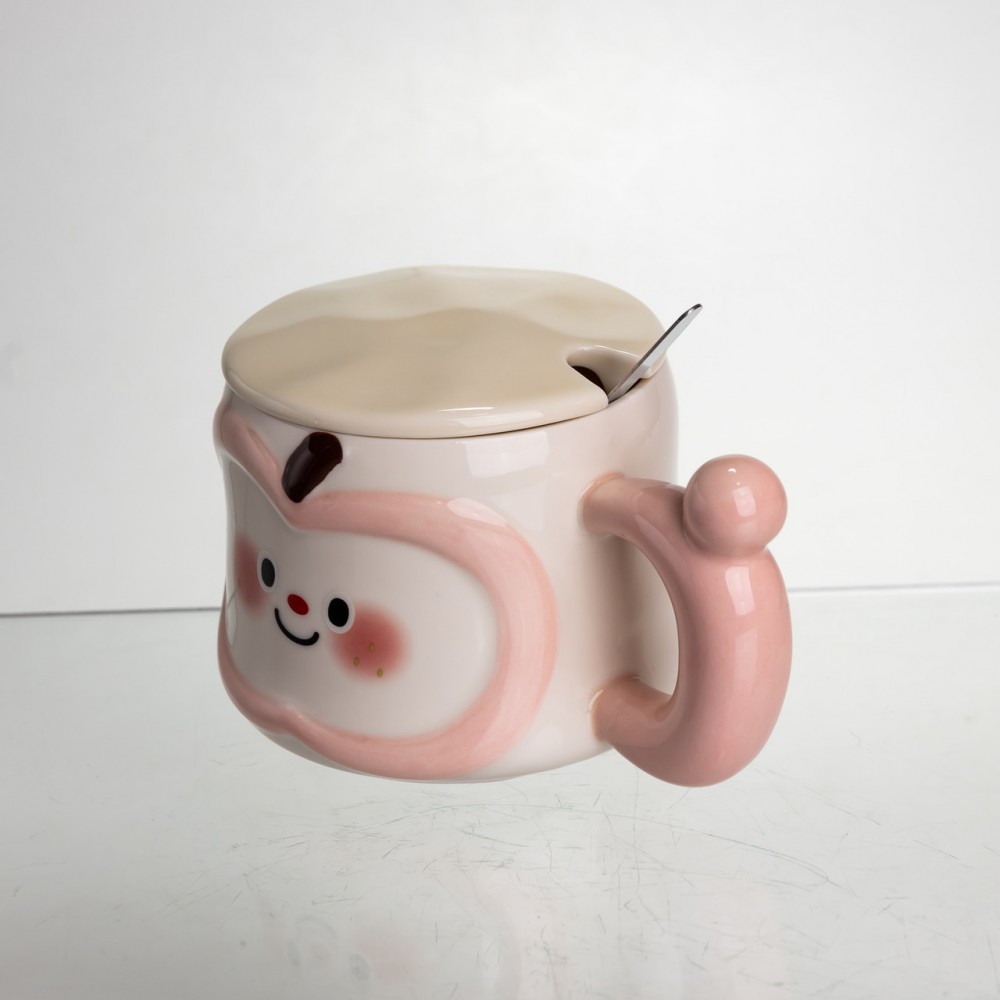 Чашка фарфоровая 400 (мл) с крышкой и ложкой, оригинальная кружка на подарок чашка для детей Розовый FM-25C