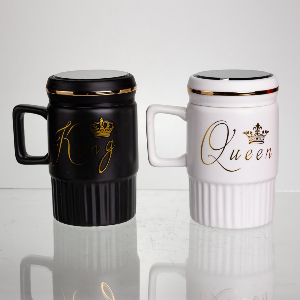 Набір парних порцелянових чашок з кришкою 2 (шт) по 450 (мл) Чорний з білим Yiwu FM-26