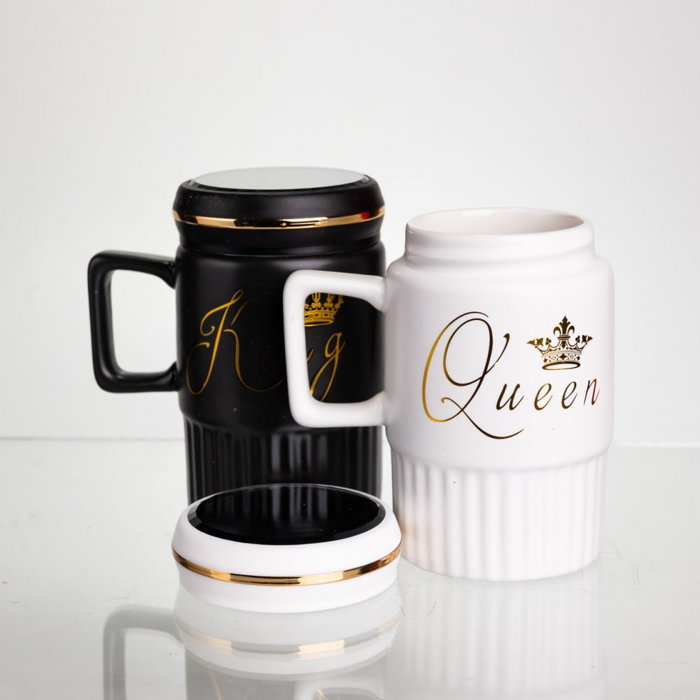 Набір парних порцелянових чашок з кришкою 2 (шт) по 450 (мл) Чорний з білим Yiwu FM-26