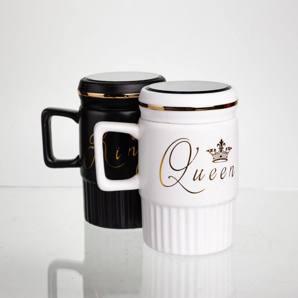 Набір парних порцелянових чашок з кришкою 2 (шт) по 450 (мл) Чорний з білим Yiwu FM-26