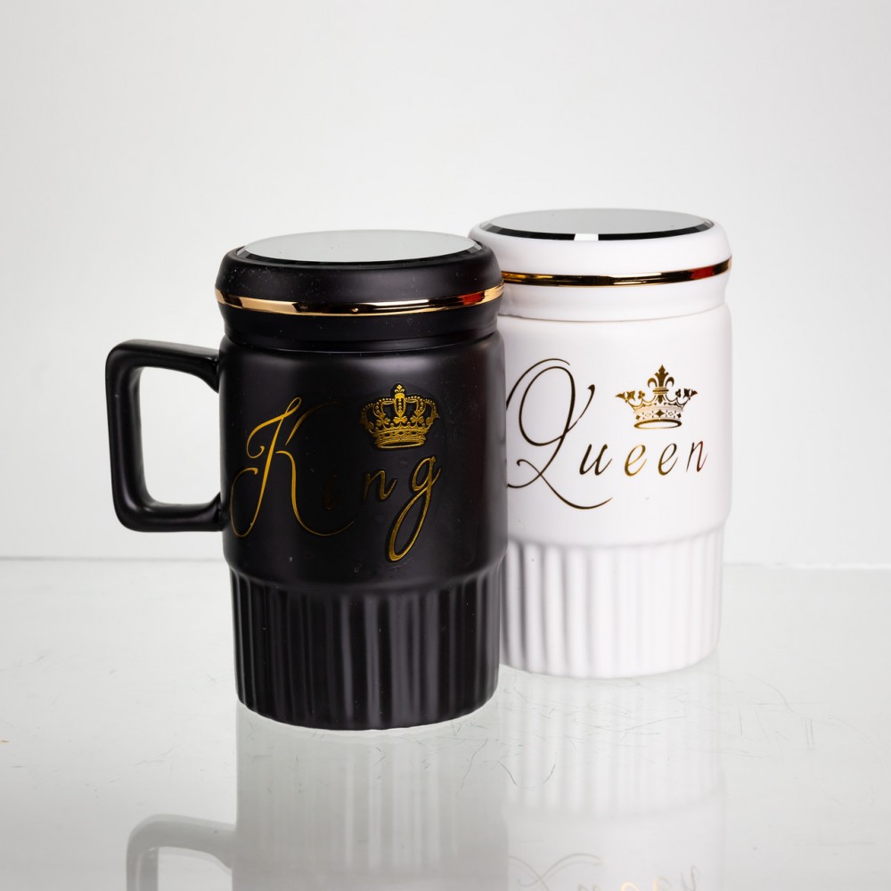 Набір парних порцелянових чашок з кришкою 2 (шт) по 450 (мл) Чорний з білим Yiwu FM-26