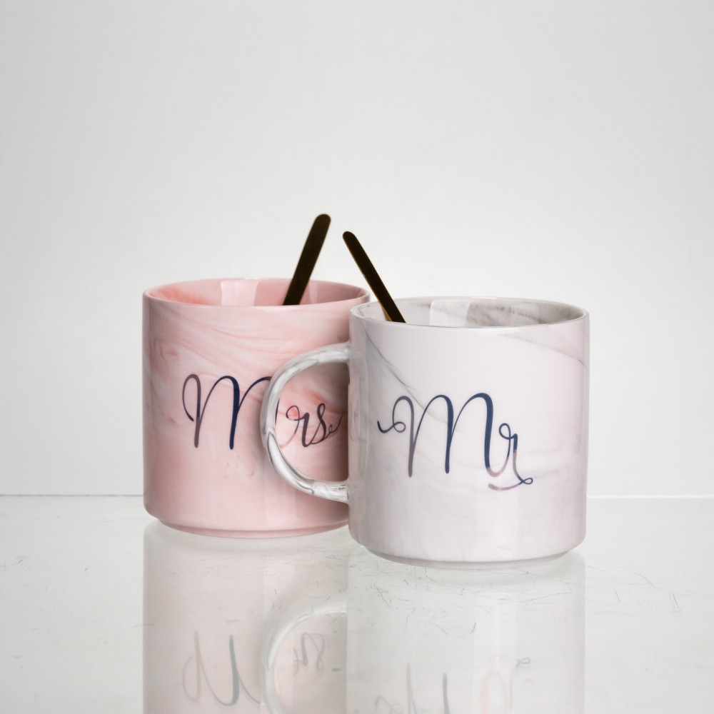 Набор парных фарфоровых чашек Mr&Mis 2 (шт) по 400 (мл) чашки на подарок с ложкой FM-28