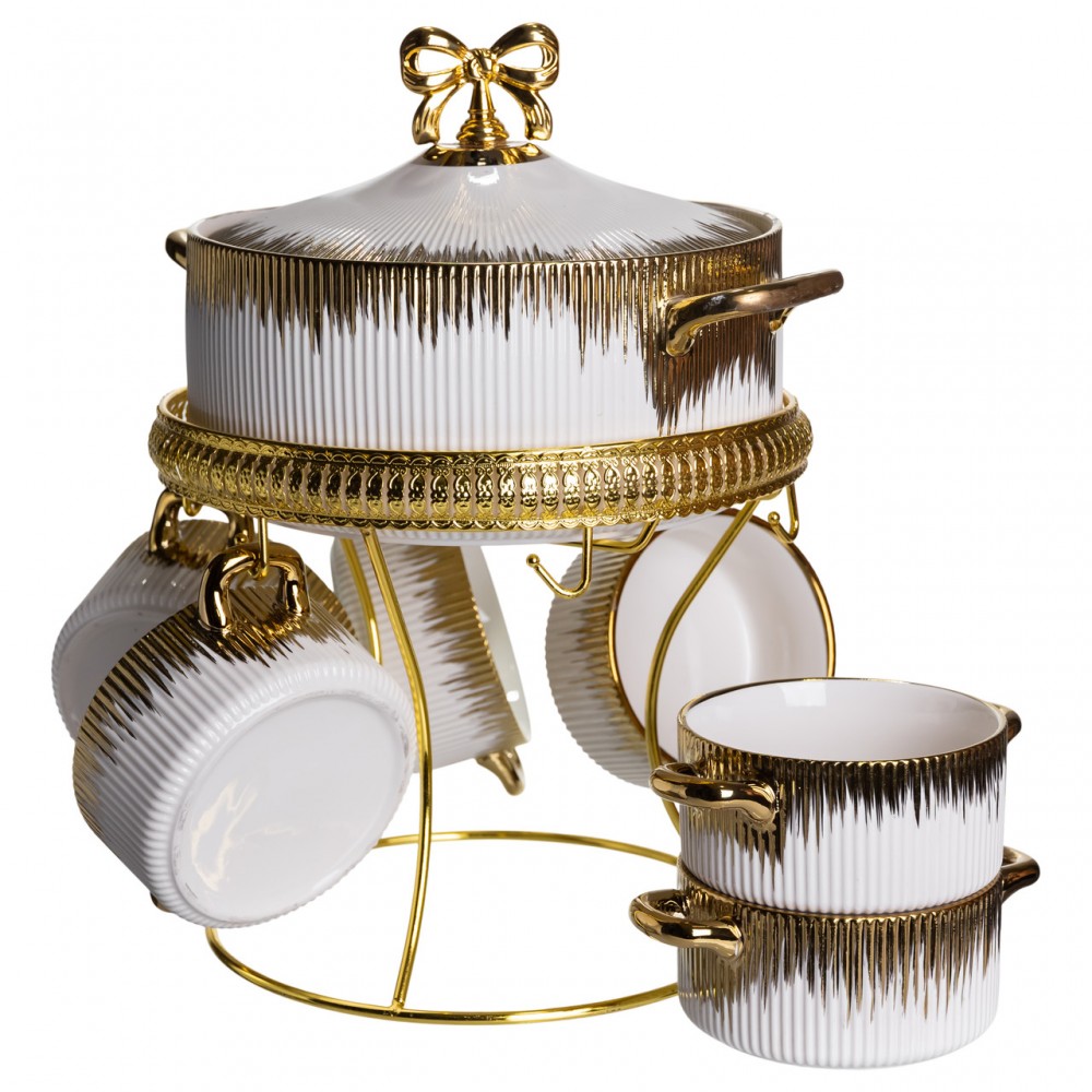 Суповой сервиз на 6 персон супница 2 (л) на подставке с бульонницами 400 (мл) тарелки для супа Белый с золотом FM-A23-2