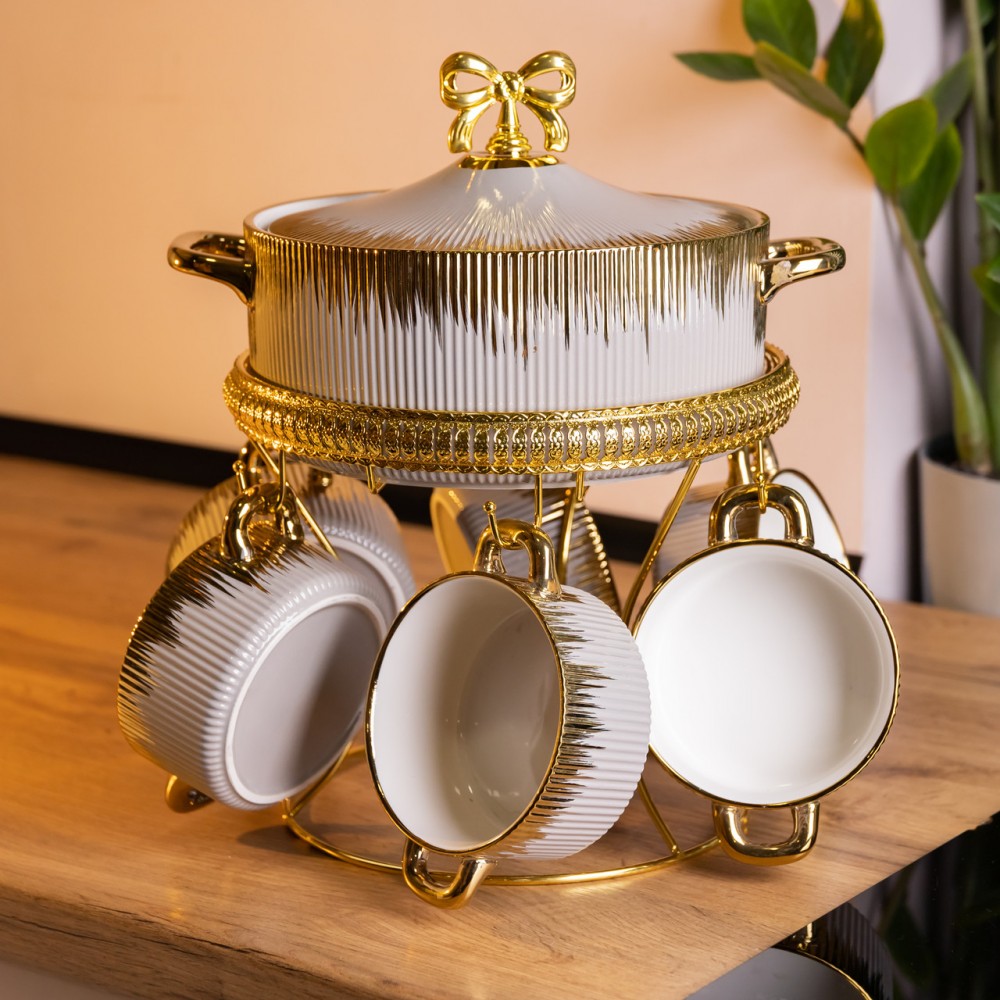 Суповой сервиз на 6 персон супница 2 (л) на подставке с бульонницами 400 (мл) тарелки для супа Серый с золотом FM-A23-6