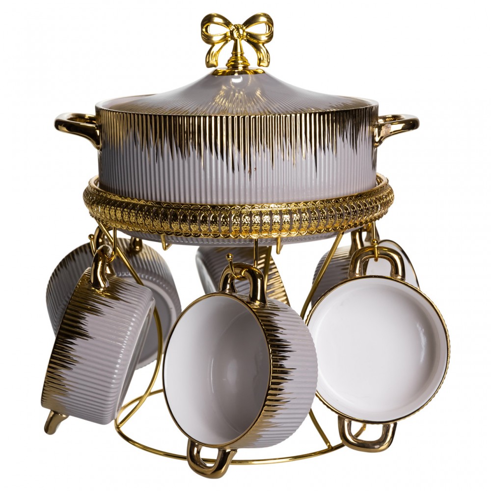 Суповой сервиз на 6 персон супница 2 (л) на подставке с бульонницами 400 (мл) тарелки для супа Серый с золотом FM-A23-6