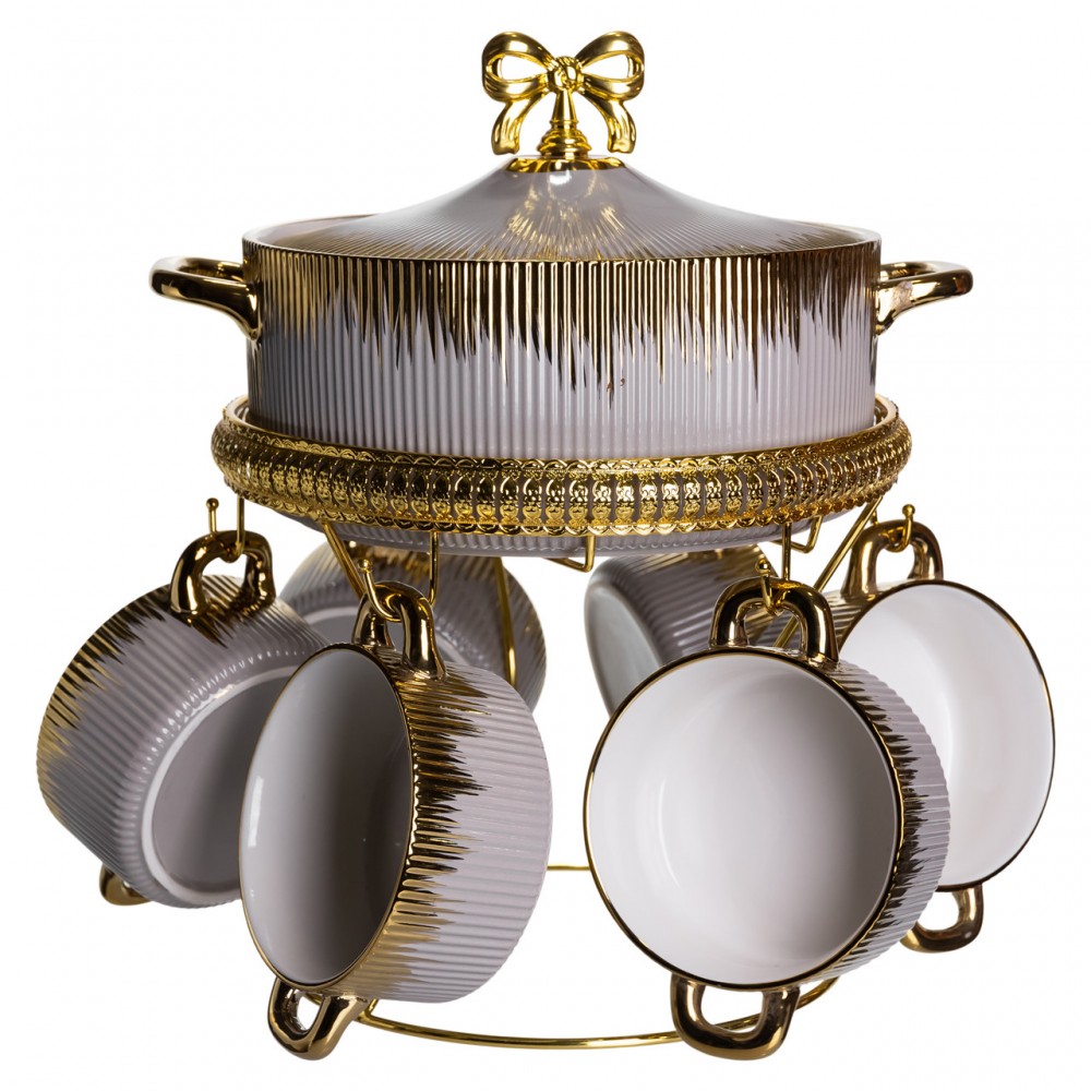 Суповой сервиз на 6 персон супница 2 (л) на подставке с бульонницами 400 (мл) тарелки для супа Серый с золотом FM-A23-6