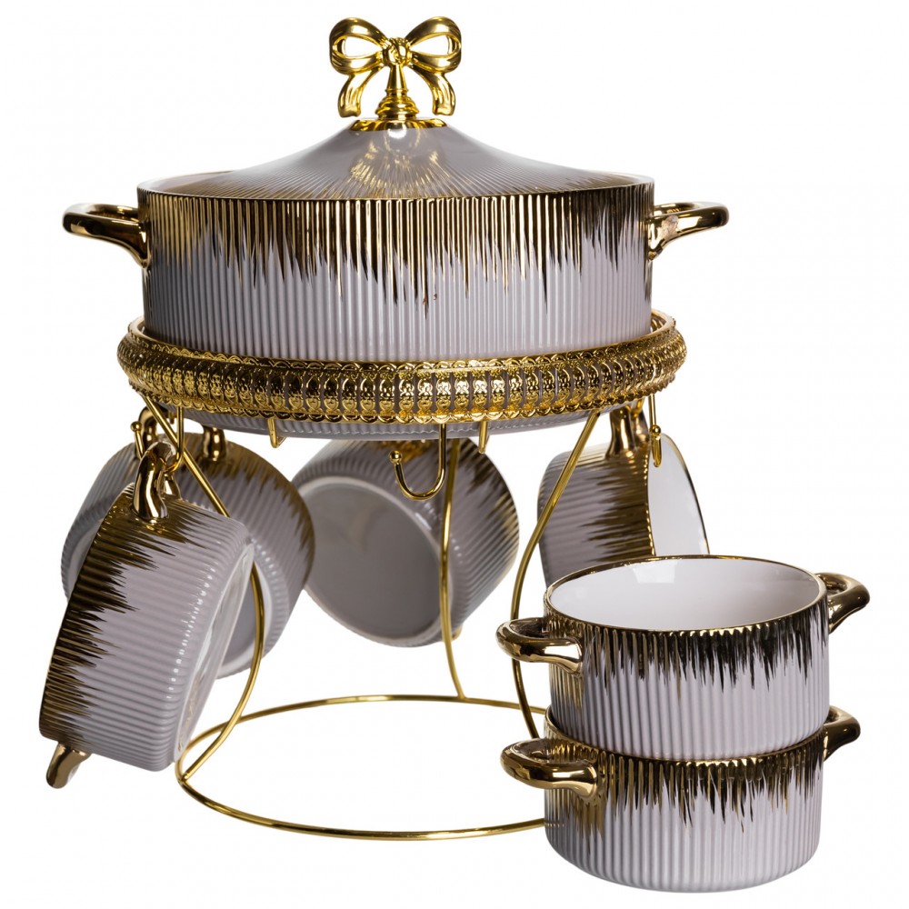 Суповой сервиз на 6 персон супница 2 (л) на подставке с бульонницами 400 (мл) тарелки для супа Серый с золотом FM-A23-6