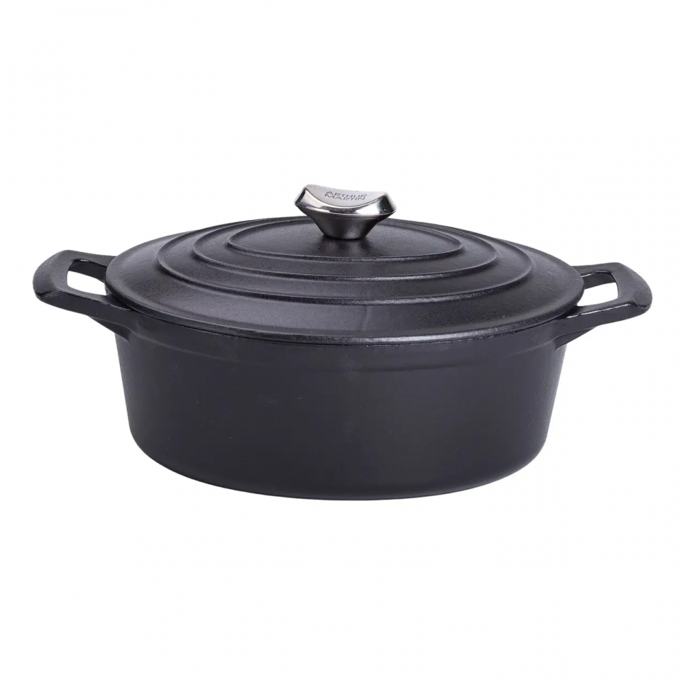 Гусятница чугунная с крышкой 3л Ø22см черная, утятница казан для тушения запекания кухонная посуда HP-1-11-BLACK