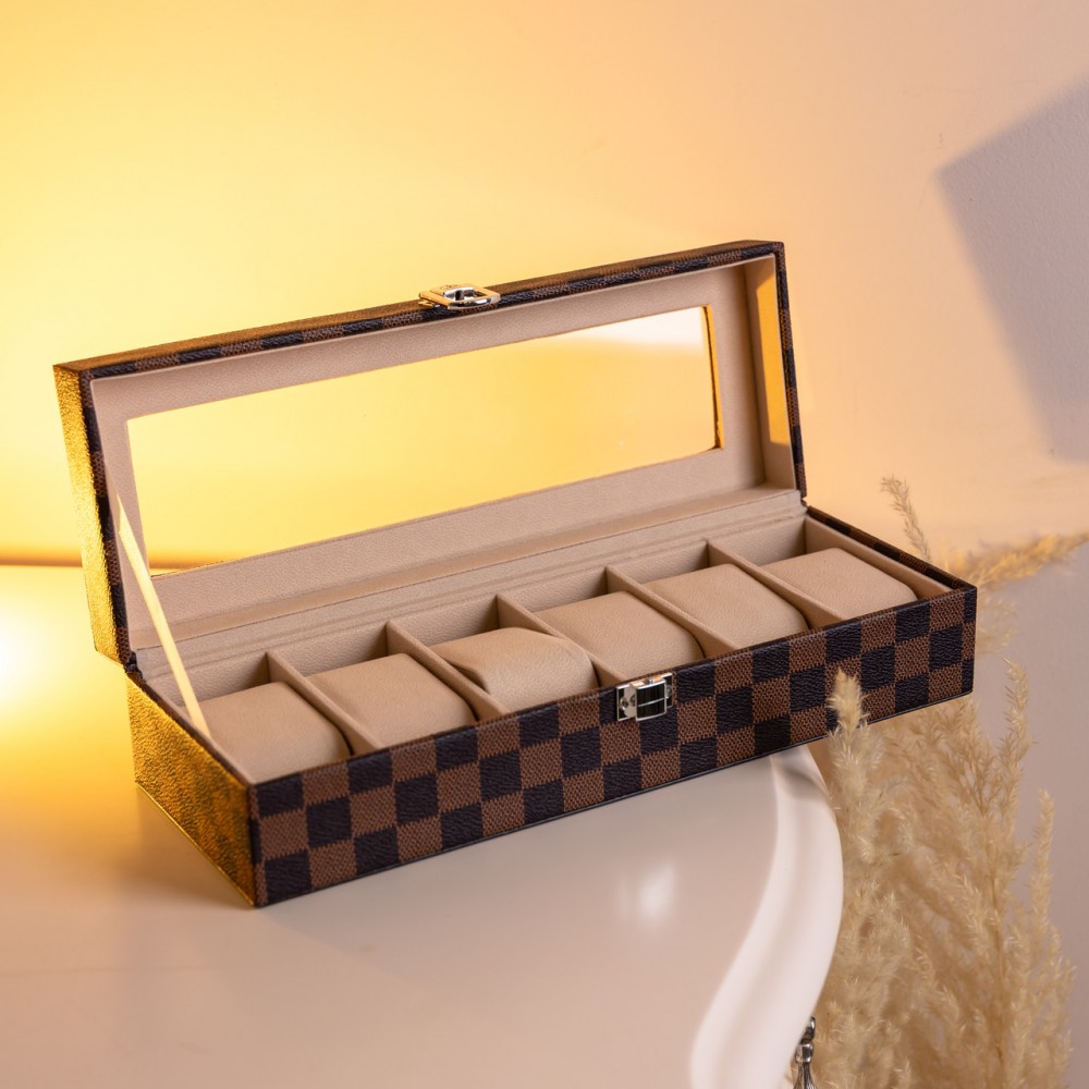 Шкатулка для часов из экокожи 6 отсеков 31×11×7.5 см Коричневый Yiwu HP-5-14S