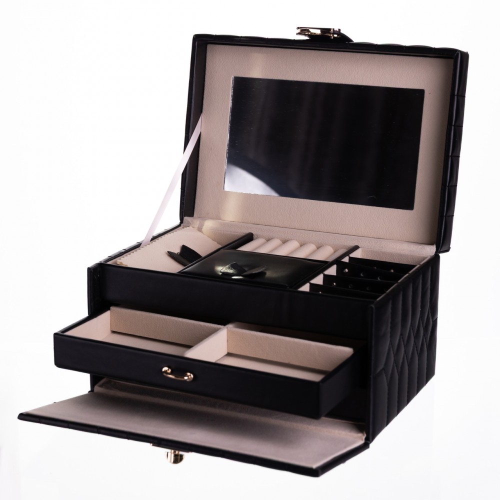 Шкатулка для украшений из эко кожи 3 яруса с зеркалом органайзер для ювелирных изделий Черный Yiwu HP-5-17B