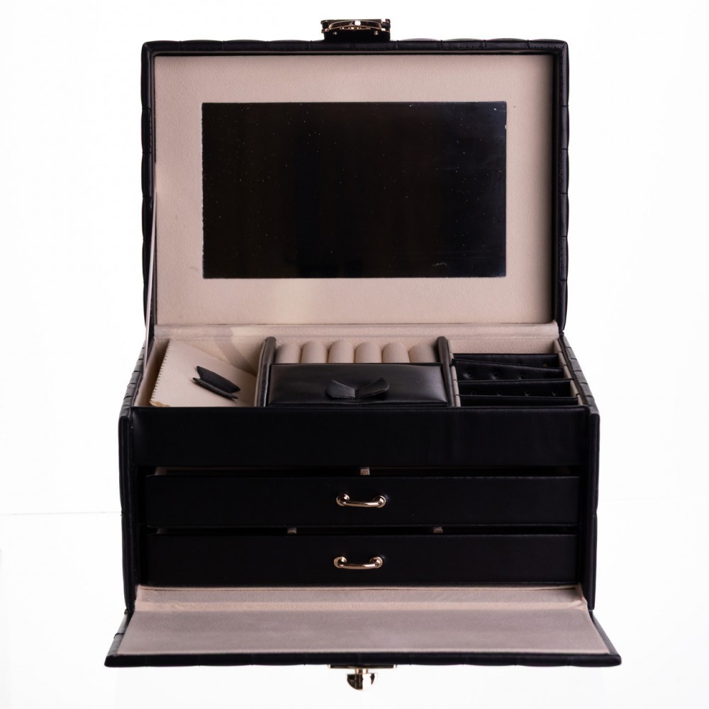 Шкатулка для украшений из эко кожи 3 яруса с зеркалом органайзер для ювелирных изделий Черный Yiwu HP-5-17B