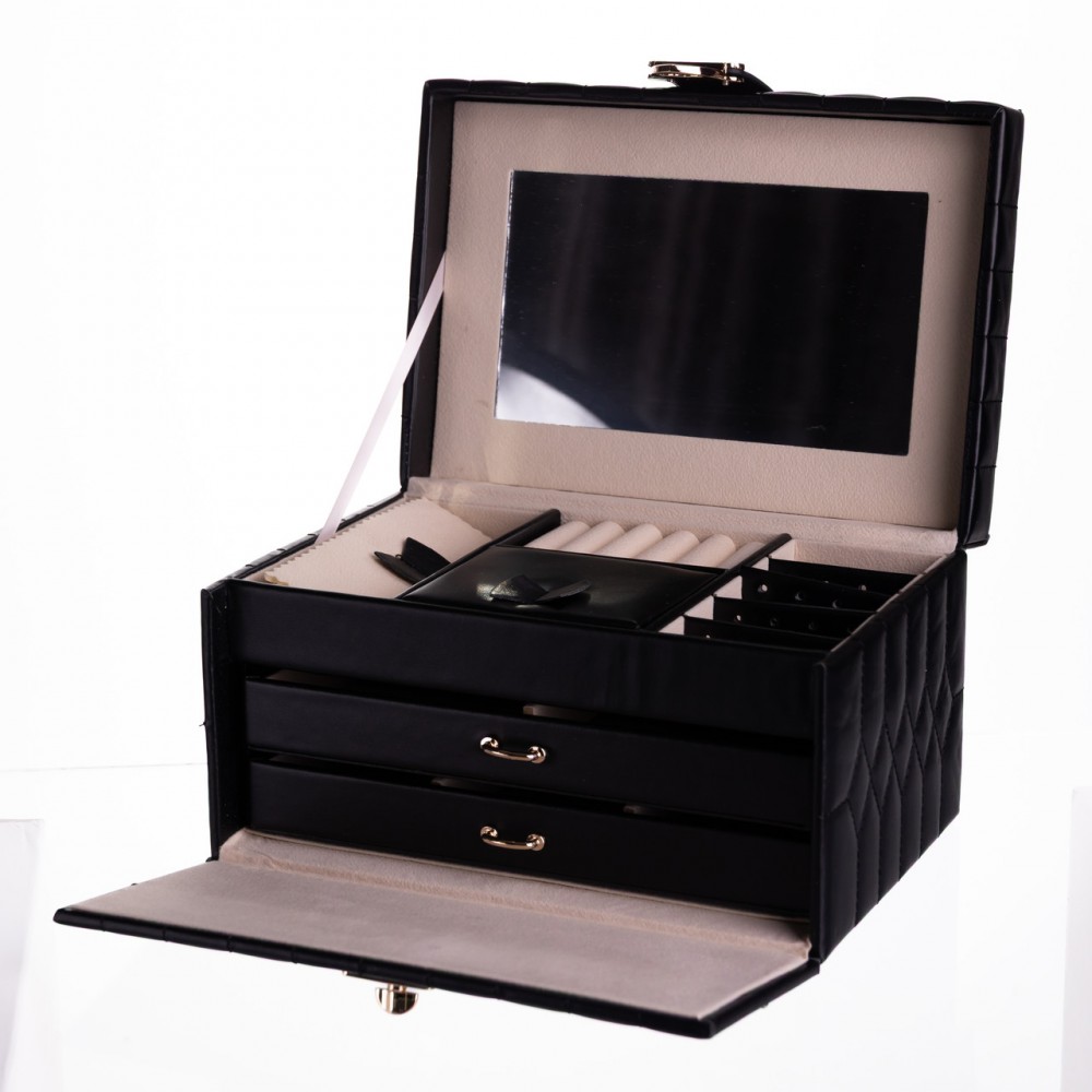 Шкатулка для украшений из эко кожи 3 яруса с зеркалом органайзер для ювелирных изделий Черный Yiwu HP-5-17B