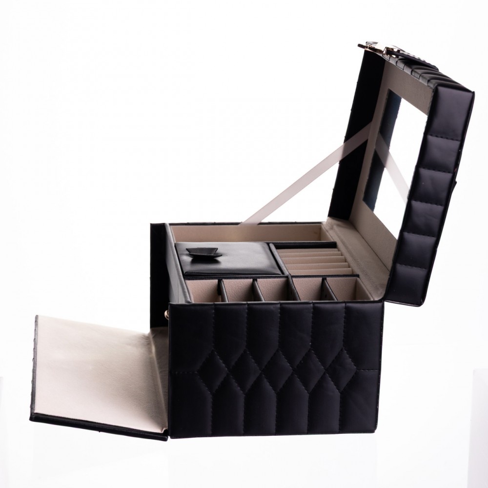 Шкатулка для украшений из эко кожи 3 яруса с зеркалом органайзер для ювелирных изделий Черный Yiwu HP-5-17B